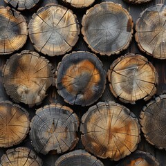 Naklejka premium Rustic Timber Tapestry: A captivating close-up of weathered wooden logs, showcasing nature's intricate patterns and the beauty of aging wood.