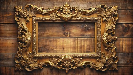 Ornate antique golden frame with intricate carvings and floral patterns adorns a rustic wall, exuding vintage elegance and sophisticated western charm.