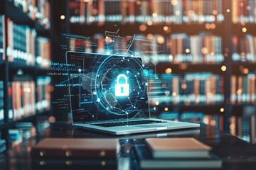 Network security audit report on a laptop surrounded by cybersecurity books. Soft daylight. Library study background.