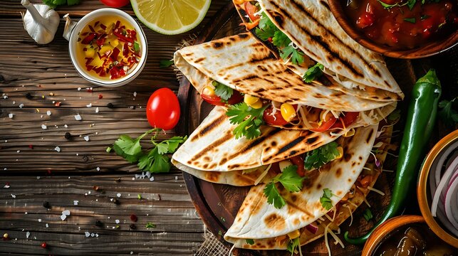 Mexican quesadilla with chicken and sause on wooden table,