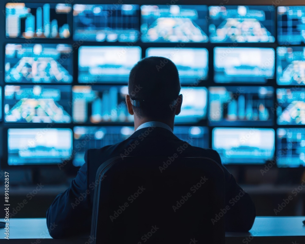 Poster business professional monitors data and analytics on multiple screens in a modern office environment