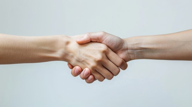 Two Hands Clasped in a Handshake, Close-up Photograph of Two Hands Shaking, White Background, Friendship, Agreement, Trust, Partnership