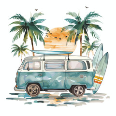 Vintage Camper Van with Surfboards at the Beach