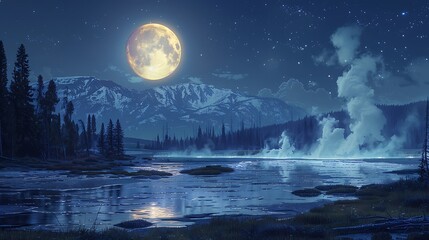 An anime depiction of Yellowstone National Park at night, starry sky with a full moon, the geysers illuminated by moonlight, steam rising creating an enchanting ambiance, high contrast,