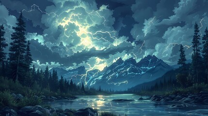 An anime scene of Banff National Park during a thunderstorm, dramatic lightning illuminating the mountains, dark and moody clouds, a turbulent river reflecting the stormy sky,