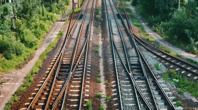 Two train tracks running parallel to each other in a forest. AI.