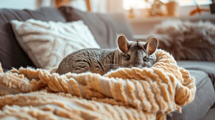 Obraz premium Chinchilla wrapped in a cozy blanket. Warm and cute.