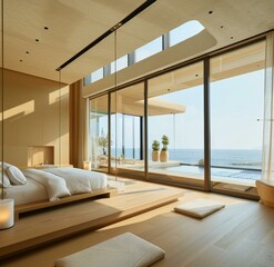 Fototapeta premium A bedroom with a large bed and view of the ocean. AI.