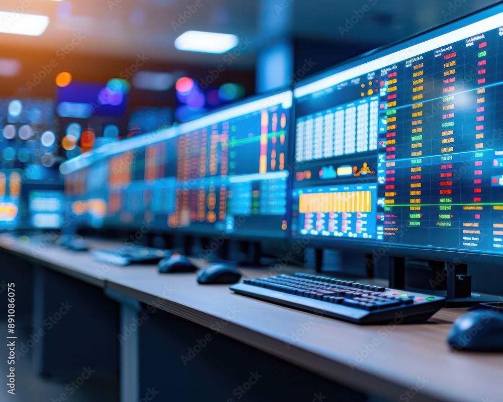 Poster modern trading desk with multiple screens displaying financial data and stock market information in 