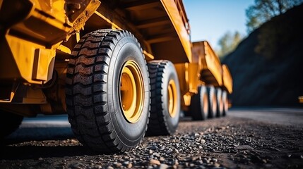 Close Up of a Large Yellow Dump Truck Tire