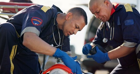 Paramedic, emergency and men with accident in road for first aid, resuscitation and rescue service....