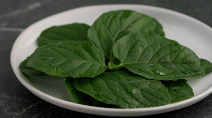  Black countertop, green leaves in white bowl with droplets of water