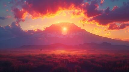 Anime-style Mount Kilimanjaro during a misty morning, soft clouds surrounding the peak, the savannah slowly awakening, intense and mystical scene, rich colors, detailed textures, wide-angle view,