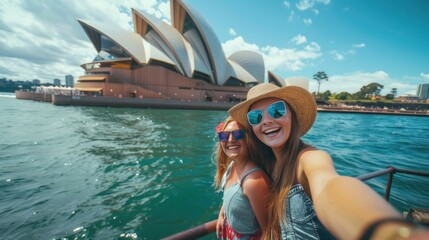 Happy tourists take selfies in front of the Sydney Opera House. Enjoy the summer vacation. travel concept