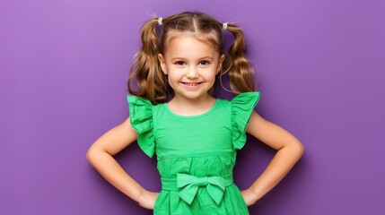Confident girl in green dress against purple background