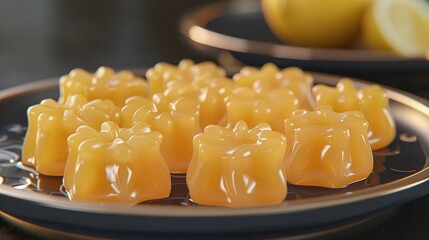   A plate of gummy bears sits on a table beside a plate of lemons and another plate of lemons