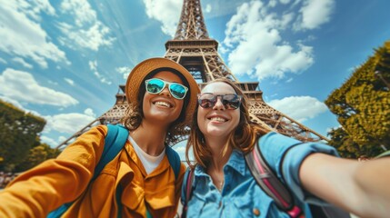 Two happy tourists take a selfie in front of the Eiffel Tower, capturing their summer vacation in Paris. Travel ideas and style tips