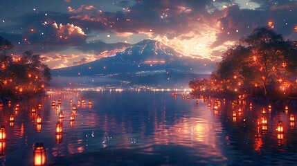 Nighttime anime depiction of Mount Kilimanjaro during a festival, illuminated by colorful lanterns, the mountain glowing with vibrant light, lively and festive atmosphere, high contrast,