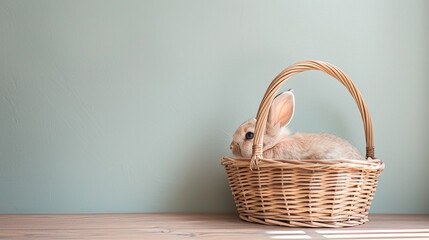 A small rabbit nestled inside a wicker basket against a plain background, suggesting a cozy and minimalist setting.