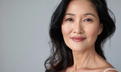 Naklejka premium Confident Asian Middle-aged Woman Radiating Beauty in Anti-aging Skincare Advertisement. Elegant Mature Model Smiling at Camera, Showcasing Flawless Skin and Graceful Aging. Empowering Portrait for Fa