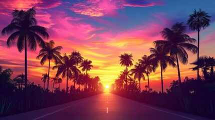 Breathtaking sunset over a palm tree-lined road with vibrant skies, showcasing nature's beauty and serenity.