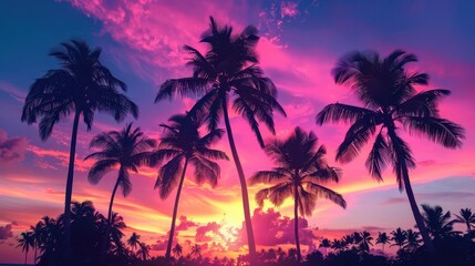 Obraz premium Breathtaking tropical sunset with vibrant pink and purple skies silhouetting palm trees, creating a serene and picturesque atmosphere.