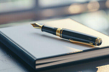 A close-up of a luxury fountain pen placed on a blank notebook, highlighting writing and creativity concepts.