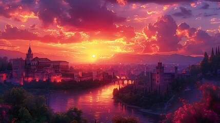 Naklejka premium The Alhambra in an anime scene during sunset, dramatic hues of orange and purple, the palace glowing in the fading light, the city of Granada in the background, peaceful and atmospheric setting,