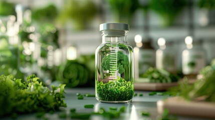 Vitamin K in a Stylish Glass Bottle with Hologram Technology, Promoting Healthy Blood Flow and Effective Wound Healing, Surrounded by Fresh Leafy Greens