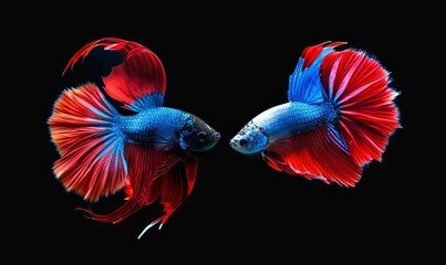 Obraz premium Captivating Siamese Fighting Fish in Motion: Vibrant Red and Blue Betta Isolated on Black Background. Elegant Aquatic Art Showcasing the Graceful Movement and Striking Colors of Betta Fish. Stunning 4