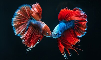 Fototapeta premium Captivating Siamese Fighting Fish in Motion: Vibrant Red and Blue Betta Isolated on Black Background. Elegant Aquatic Art Showcasing the Graceful Movement and Striking Colors of Betta Fish. Stunning 4