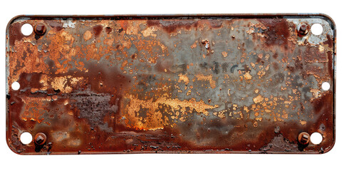 Old, weathered, and rusty blank horizontal metal signboard on a transparent, isolated background. Cut out or PNG.