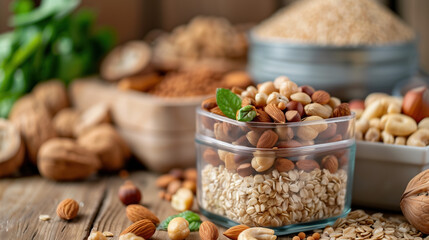 Fototapeta premium Muscle Relaxation Magnesium Supplement: Hologram Displayed in Transparent Plastic Container with Nuts and Whole Grains for Cramp Relief