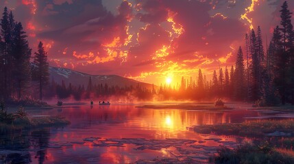Yellowstone National Park during a vibrant anime sunset, sky filled with dramatic colors, the park’s geothermal features glowing in the warm light, travelers resting near the geysers,