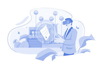 Businessman using VR goggles to explore Metaverse for business future