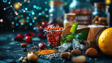 Boost Thyroid Function with Selenium - Hologram Image, Paper Bag Mock-Up, and Selenium-Rich Ingredients