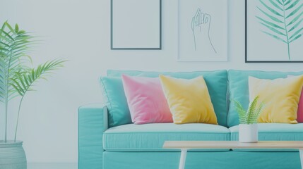 Turquoise sofa with pastel pink and yellow cushions in a bright, airy living room with framed botanical prints and lush indoor plants.