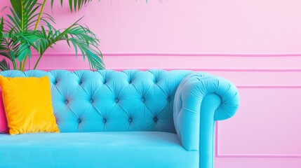 Vibrant living room with a bright blue sofa, colorful cushions, and pink wall. Bold and playful decor with lush green plants enhancing the lively atmosphere.