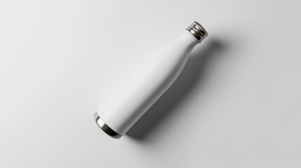 White Thermal Bottle Hanging at an Angle in Air, Isolated on White Background, Sleek Design