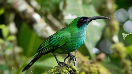 Fototapeta premium Green Honeycreeper Chlorophanes spiza perched high in the Amazon rainforest known locally as Saverde