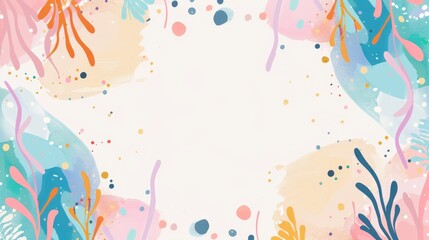 Abstract botanical background with pastel leaves and plants on a soft, light backdrop. Elegant and whimsical design suitable for invitations or decor.