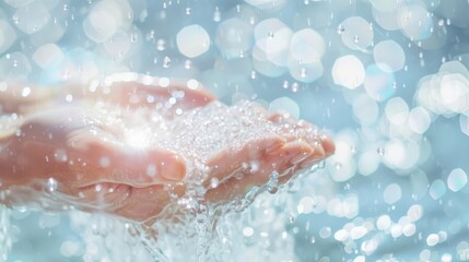 Fototapeta premium Close-up of hands cupping water droplets with sunlight reflecting, symbolizing purity, life, and conservation.