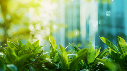 Corporate ESG reporting and nature awareness concept with green elements and business buildings. Copy space for text.