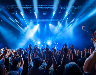 Fotografía en concierto lleno de personas con luces de color azul