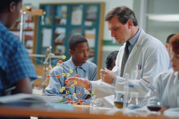 Educator Demonstrating Science Concept with Models and Diagrams in Classroom Setting