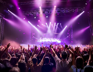 Concierto lleno de personas con luces de color morado