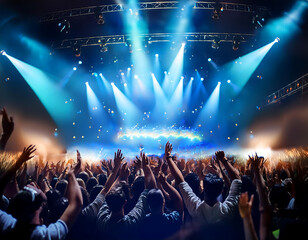 Fotografía en concierto lleno de personas con luces de color azul