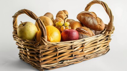 Wooden basket for fruits and bread, empty on white backdrop. 