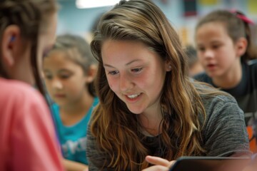 Engaging Classroom: Teacher Using Tablet to Present Educational Videos to Students