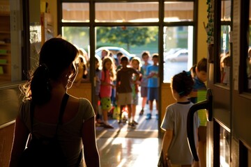 Welcoming Teacher Greeting Students at Classroom Entrance in the Morning